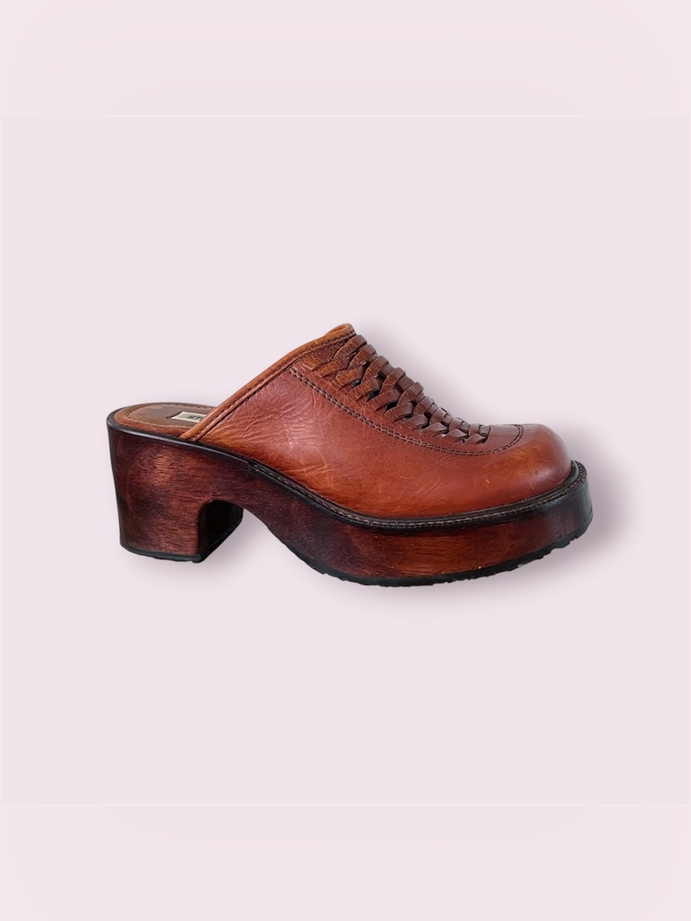 VTG Steve Madden Clog Brown Braided Leather Wood Mule Shoes 90s Y2K Wm’s Size 8